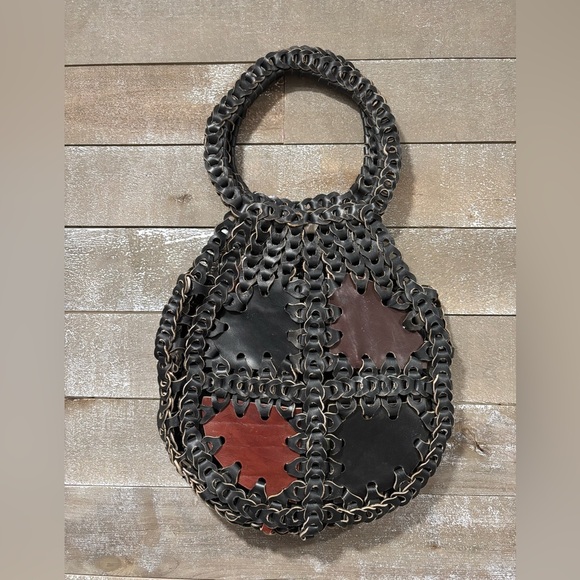 Leather Double big Woven 60s Vintage boho rustic handbag tote - Picture 12 of 12